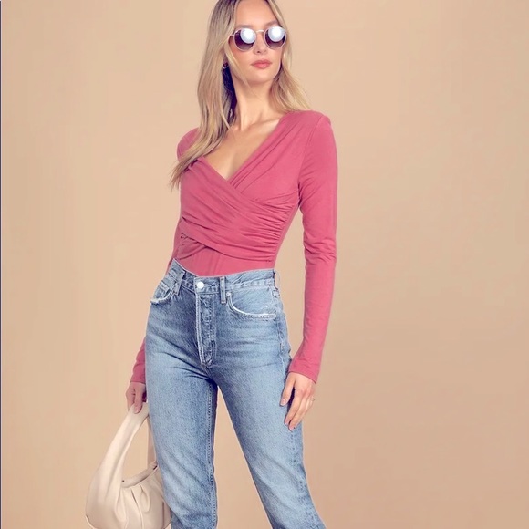 NWT STUNNING LULU’S Faux Wrap Stretchy Jersey  Puffy Sleeve Bodysuit MAU… - Picture 6 of 14